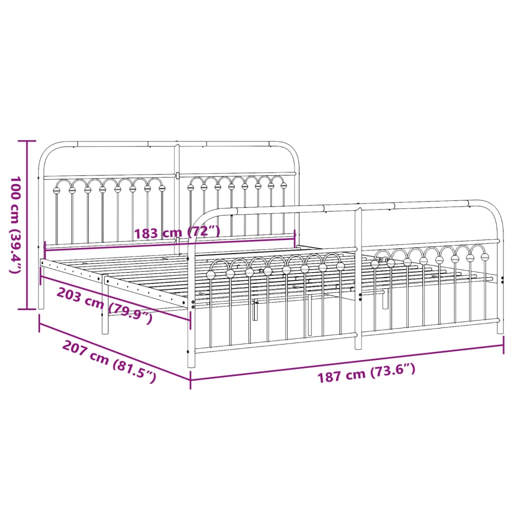 Cadre de lit métal sans matelas avec pied de lit noir 183x203cm