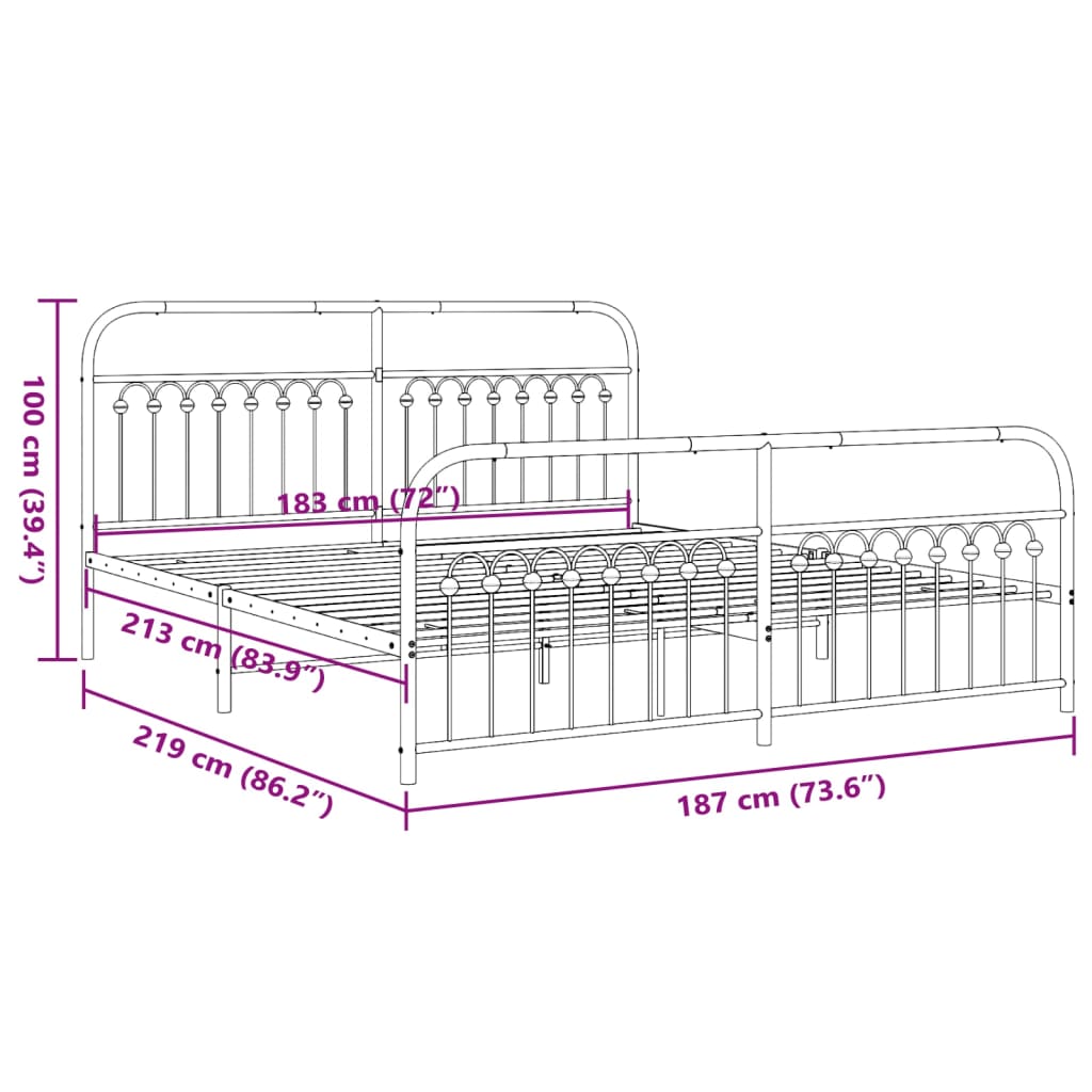 Cadre de lit métal sans matelas avec pied de lit noir 183x213cm