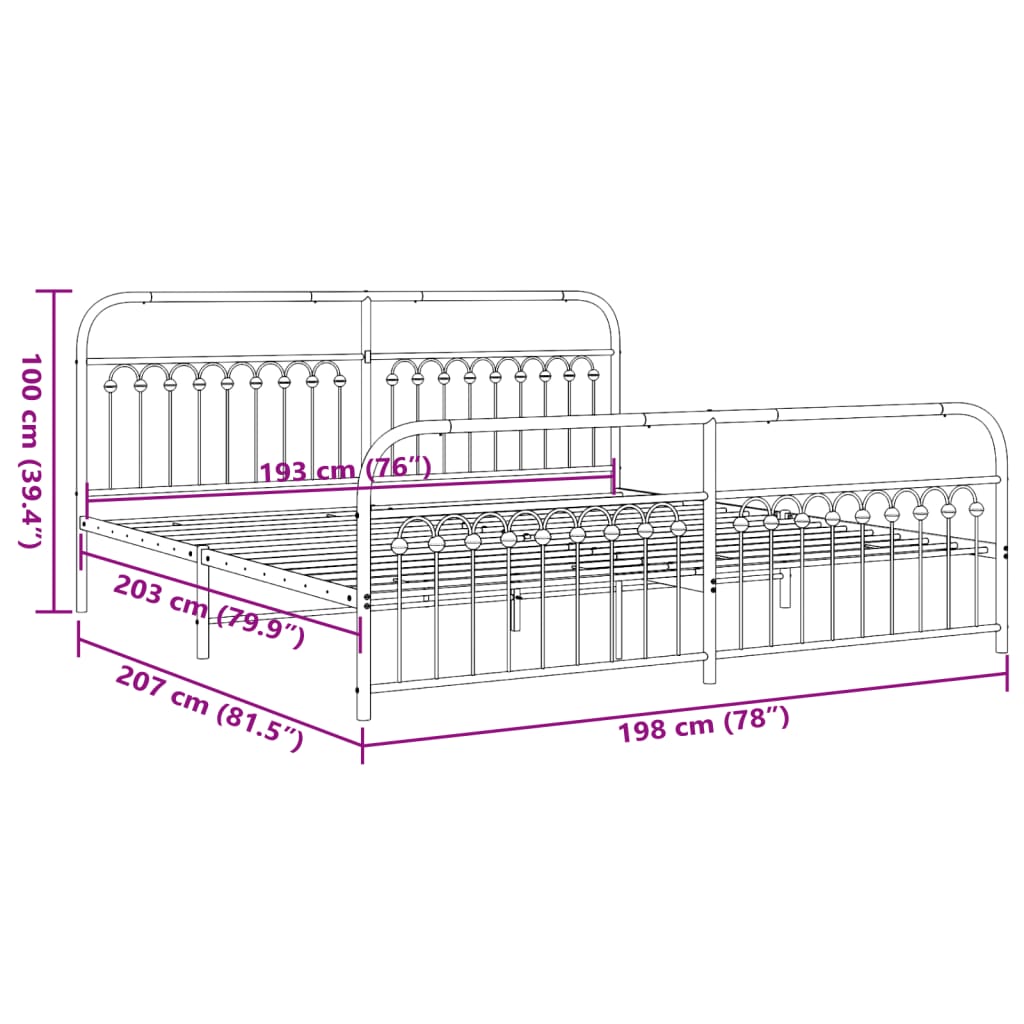 Cadre de lit métal sans matelas avec pied de lit noir 193x203cm