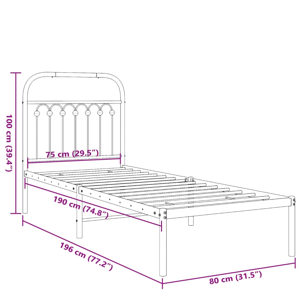 Cadre de lit métal sans matelas avec tête de lit blanc 75x190cm