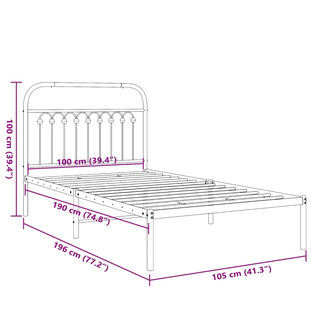 Cadre de lit métal sans matelas et tête de lit blanc 100x190 cm