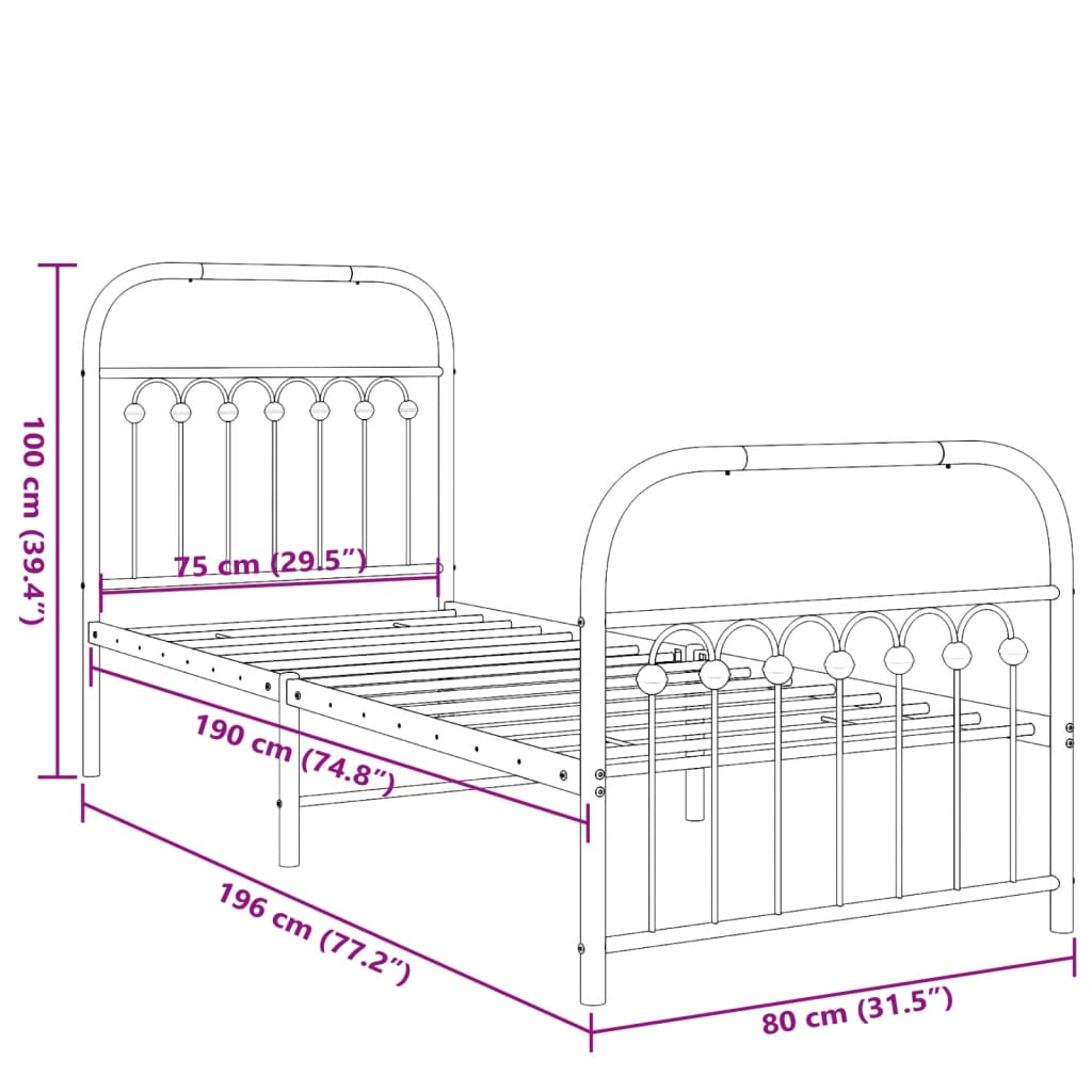 Cadre de lit métal sans matelas avec pied de lit blanc 75x190cm