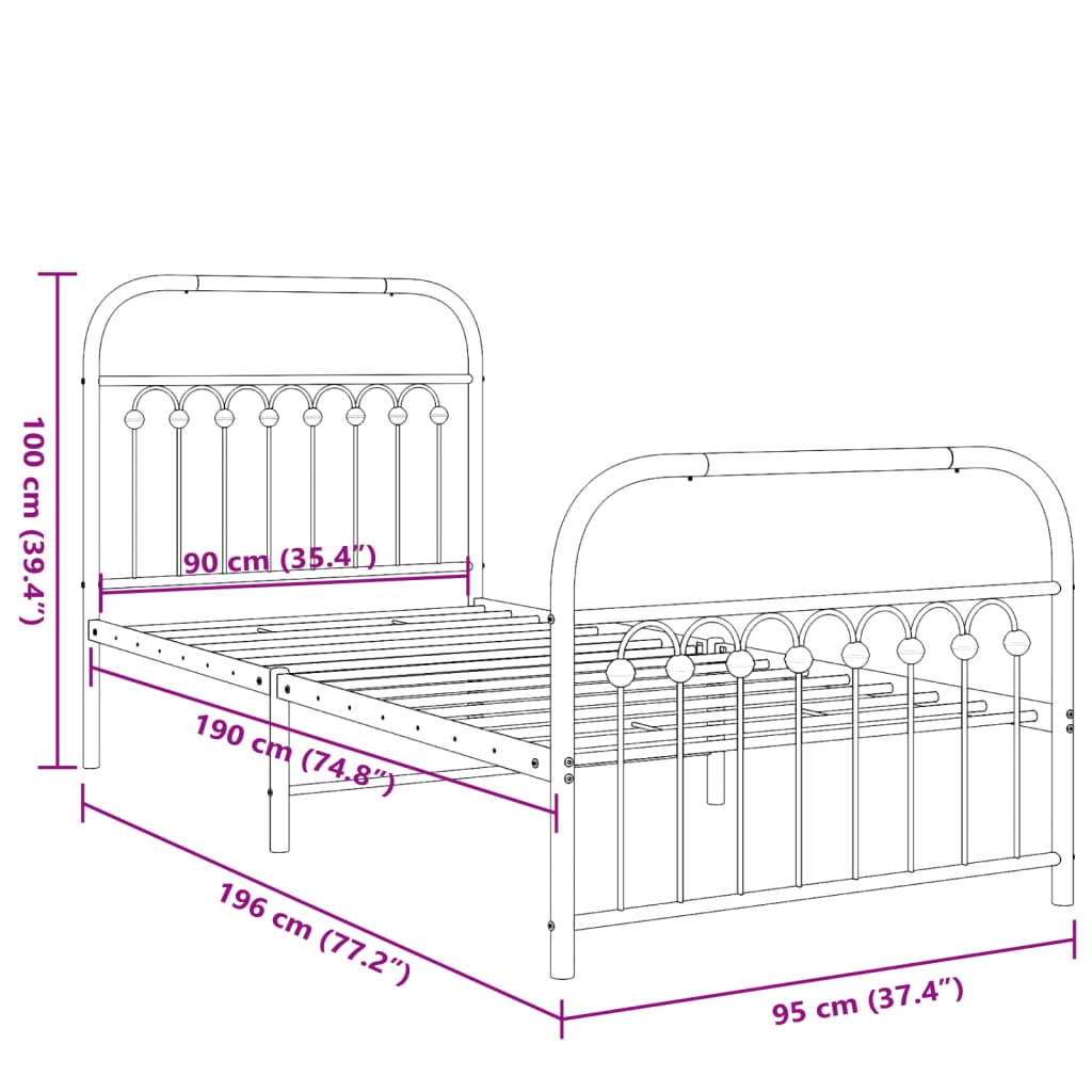 Cadre de lit métal sans matelas avec pied de lit blanc 90x190cm