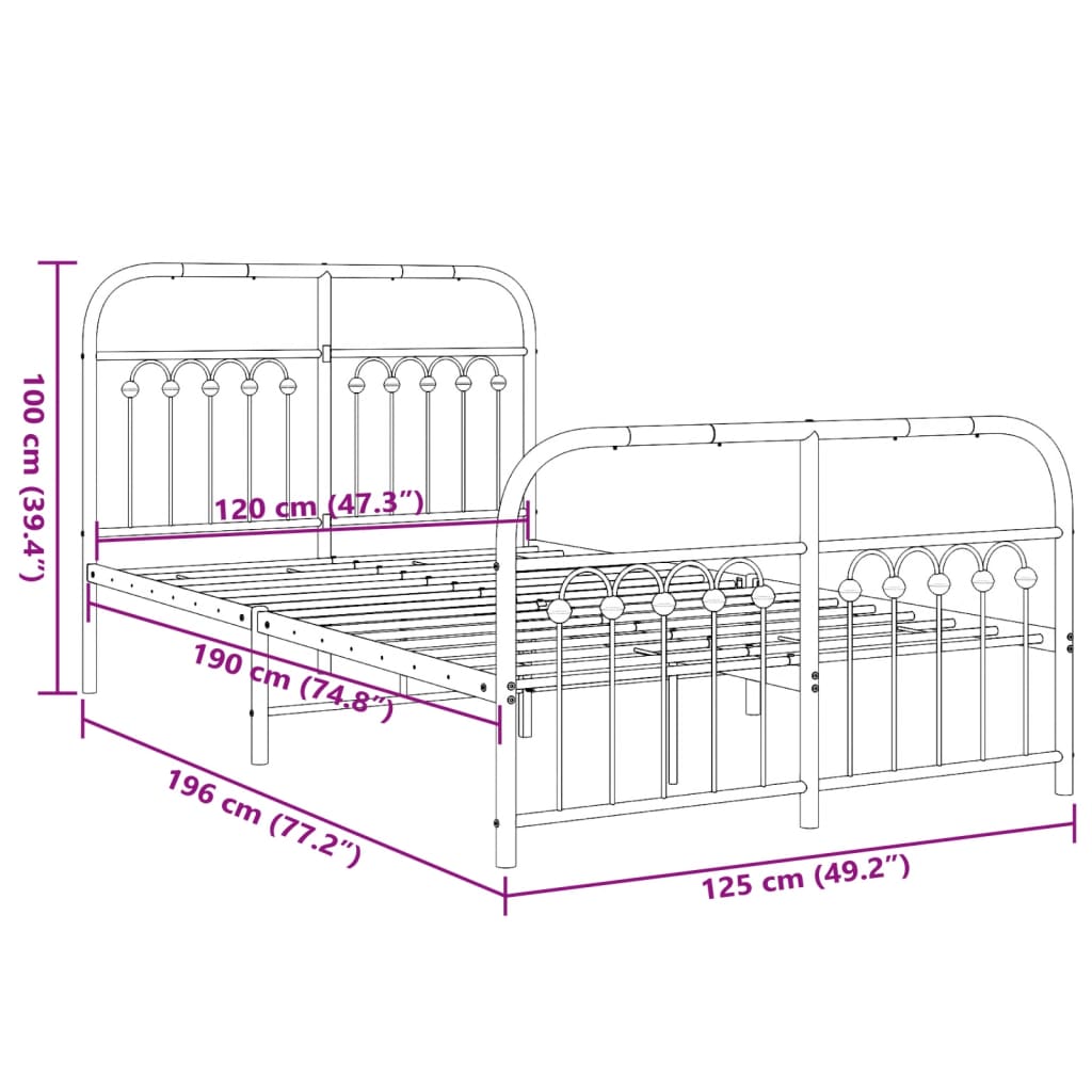 Cadre de lit métal sans matelas et pied de lit blanc 120x190 cm