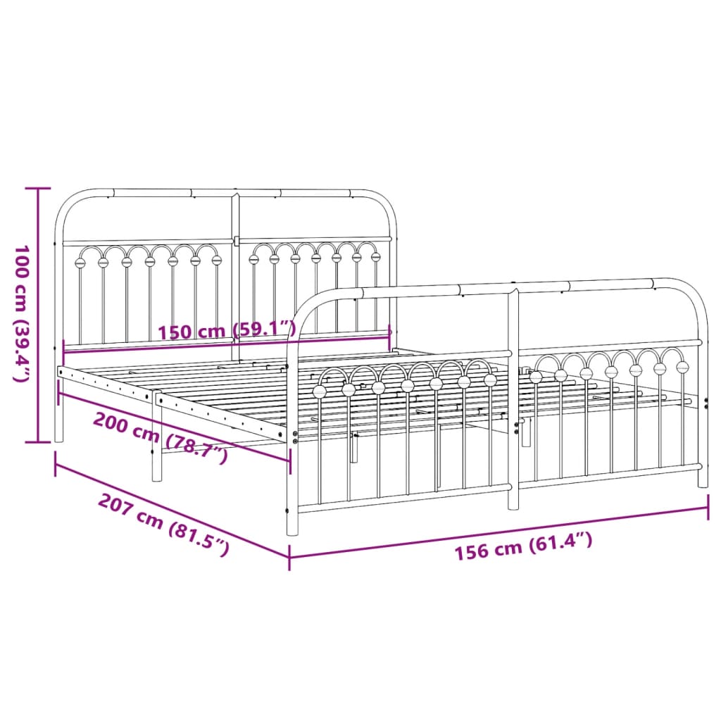 Cadre de lit métal sans matelas et pied de lit blanc 150x200 cm