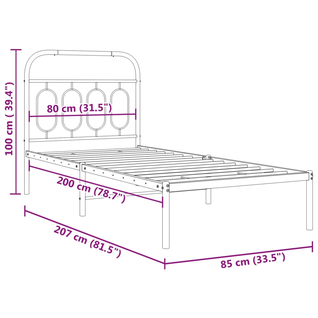 Cadre de lit métal sans matelas avec tête de lit noir 80x200 cm