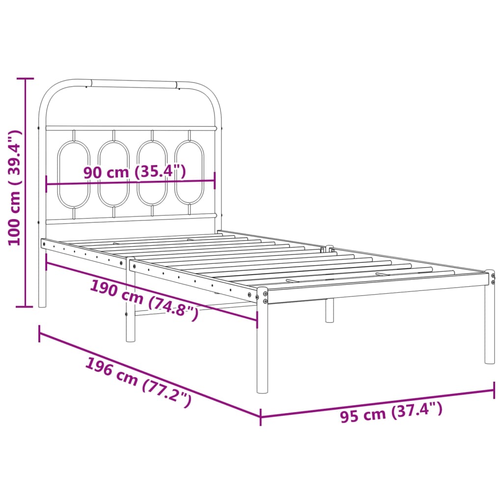 Cadre de lit métal sans matelas avec tête de lit noir 90x190 cm