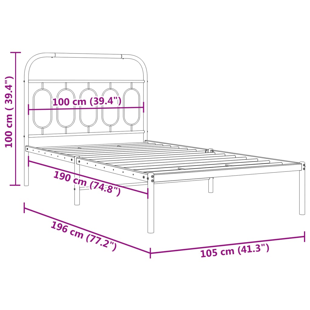 Cadre de lit métal sans matelas avec tête de lit noir 100x190cm