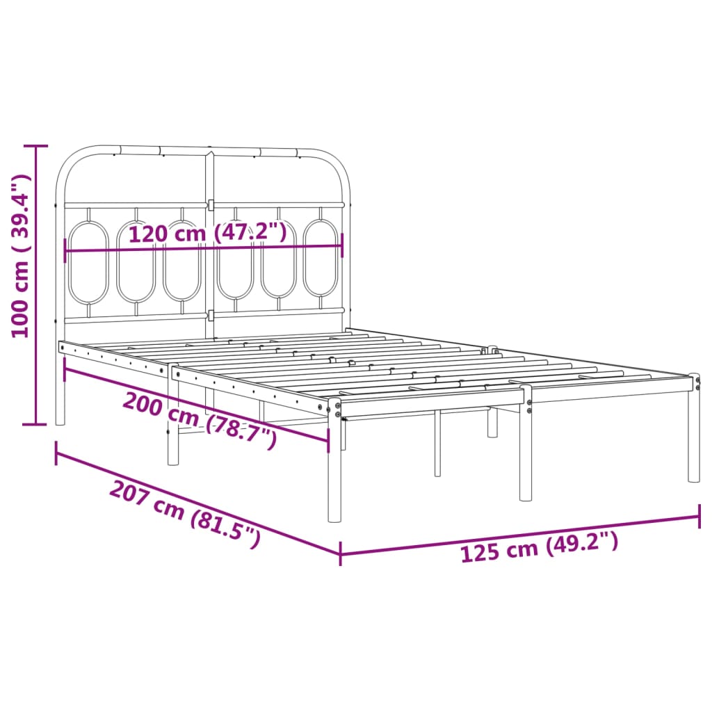 Cadre de lit métal sans matelas avec tête de lit noir 120x200cm