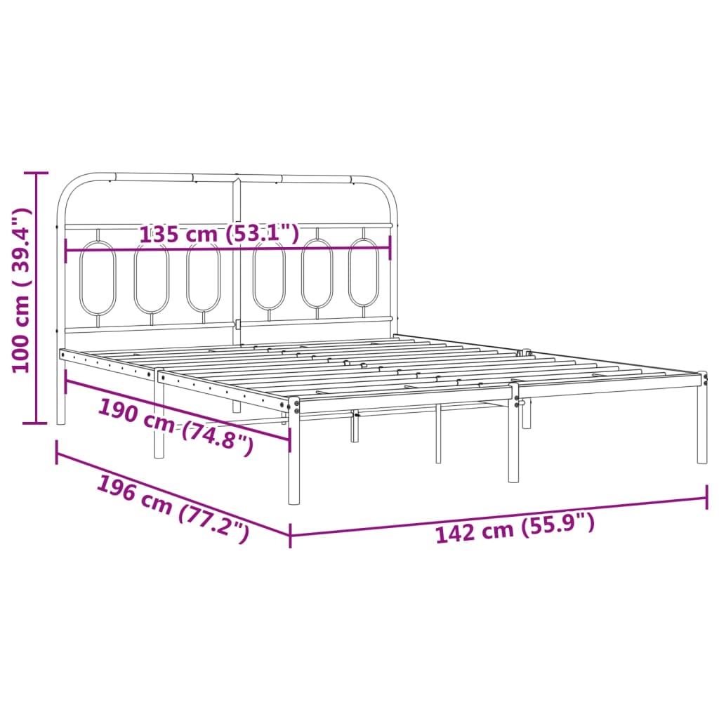 Cadre de lit métal sans matelas avec tête de lit noir 135x190cm