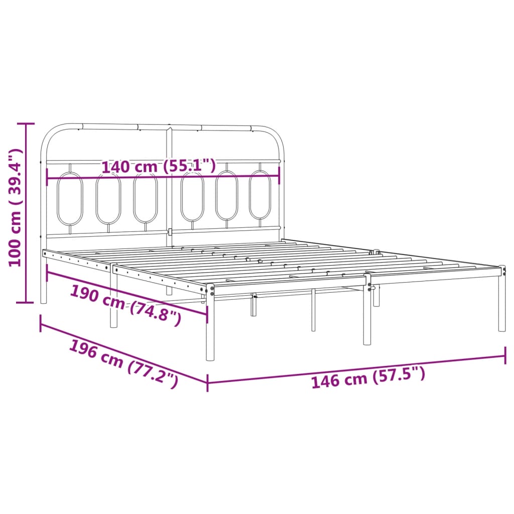 Cadre de lit métal sans matelas avec tête de lit noir 140x190cm