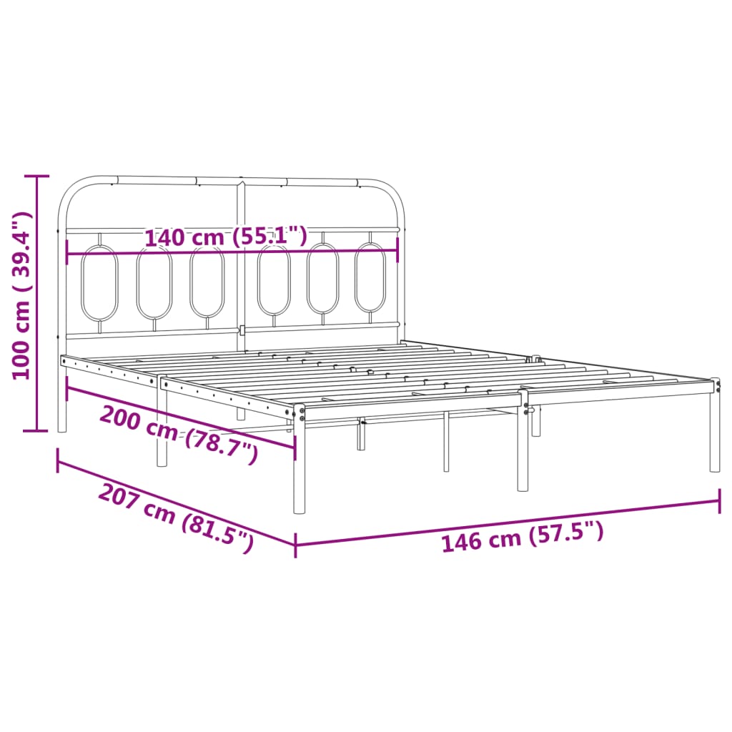 Cadre de lit métal sans matelas avec tête de lit noir 140x200cm