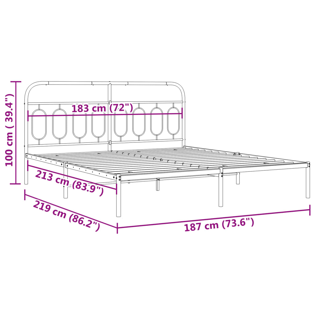 Cadre de lit métal sans matelas avec tête de lit noir 183x213cm