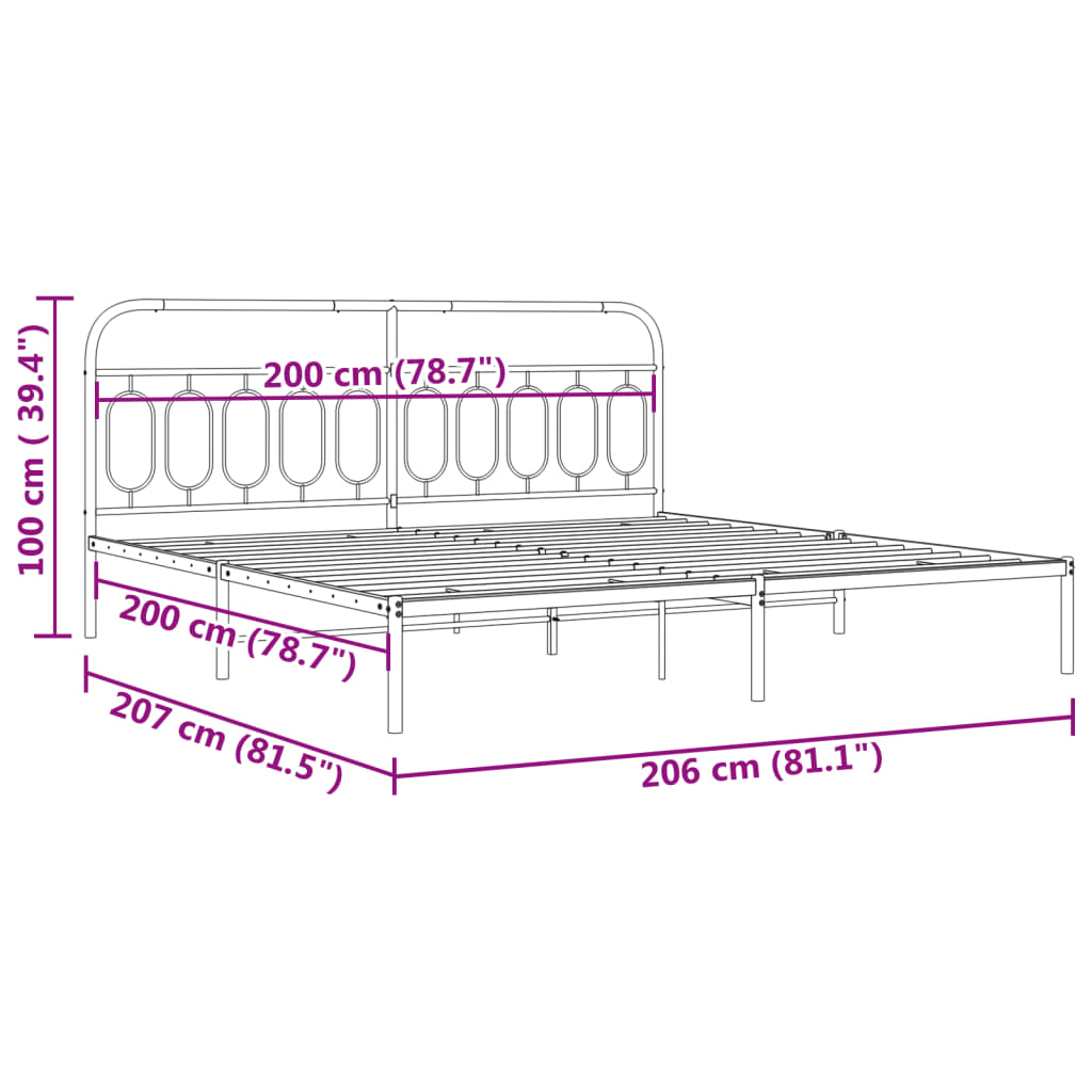 Metallbettgestell ohne Matratze mit schwarzem Kopfteil 200x200cm