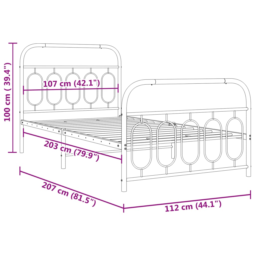 Cadre de lit métal sans matelas avec pied de lit noir 107x203cm