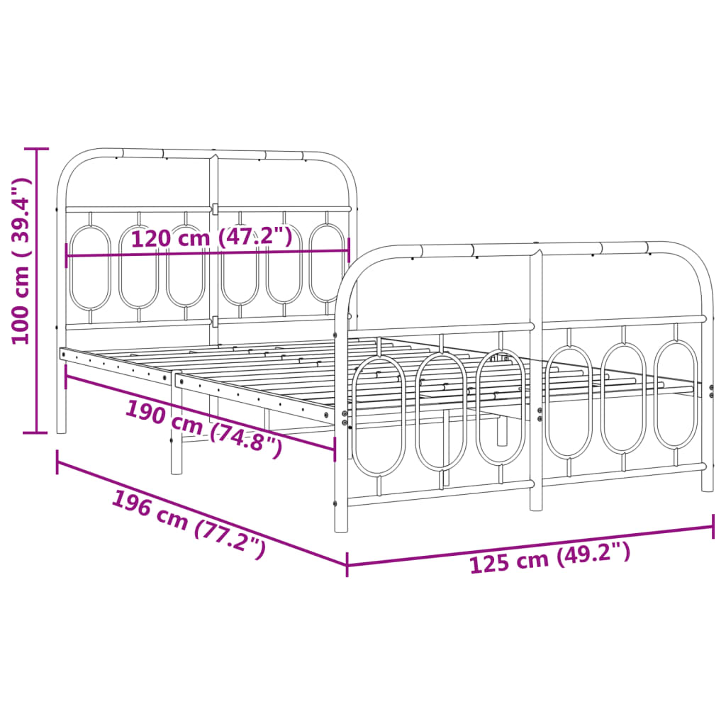 Cadre de lit métal sans matelas avec pied de lit noir 120x190cm