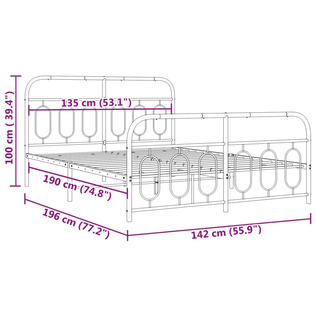 Cadre de lit métal sans matelas avec pied de lit noir 135x190cm