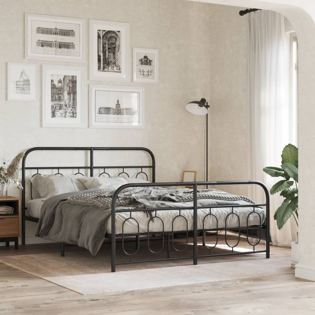 Cadre de lit métal sans matelas avec pied de lit noir 135x190cm