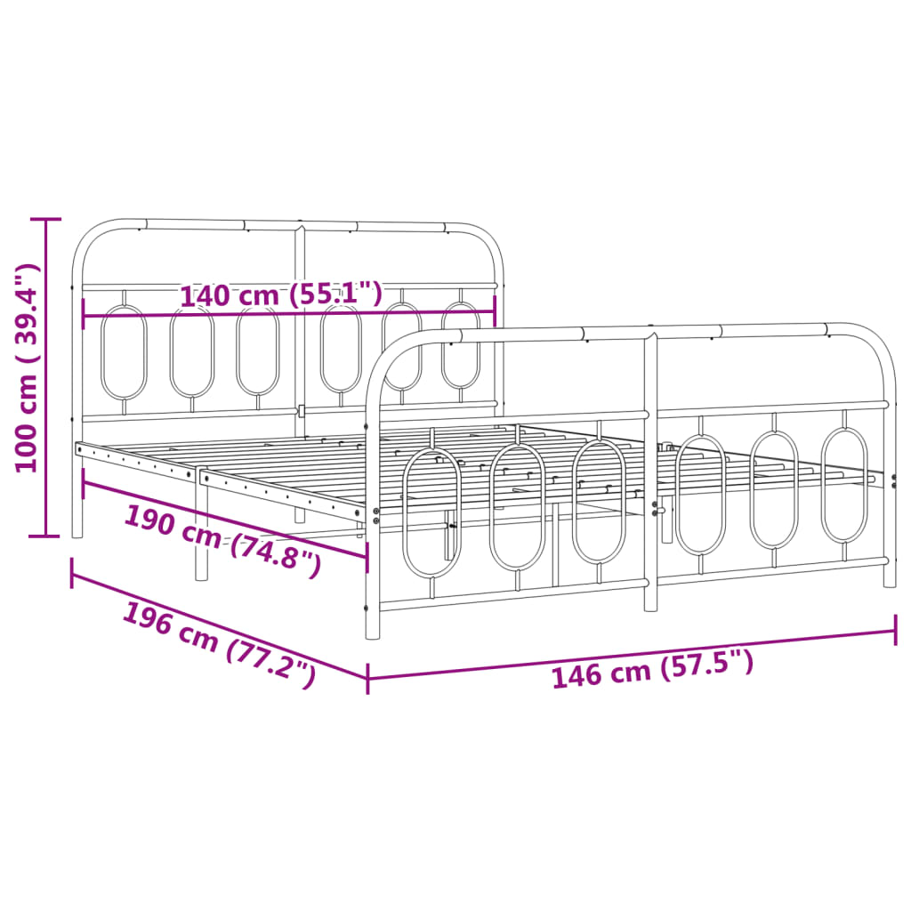 Cadre de lit métal sans matelas avec pied de lit noir 140x190cm