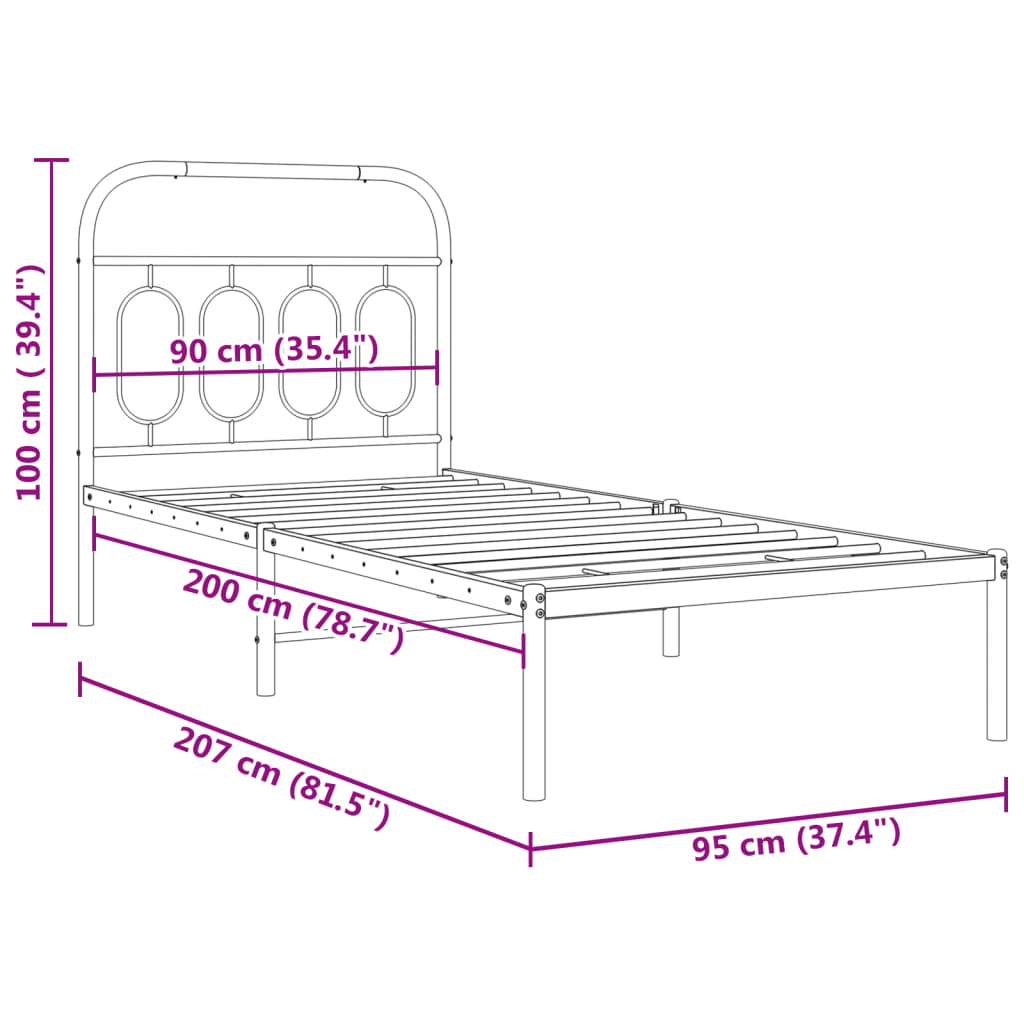 Cadre de lit métal sans matelas avec tête de lit blanc 90x200cm