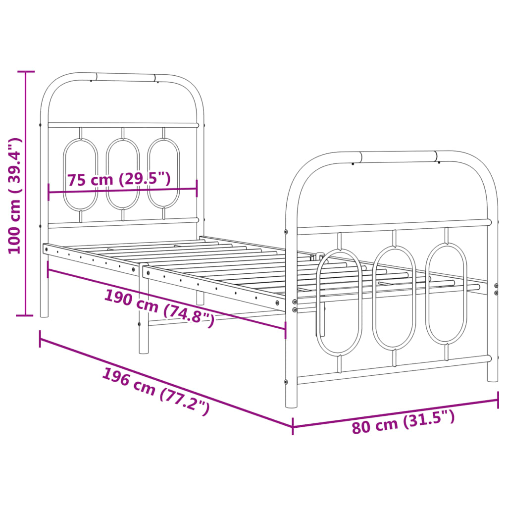 Cadre de lit métal sans matelas avec pied de lit blanc 75x190cm