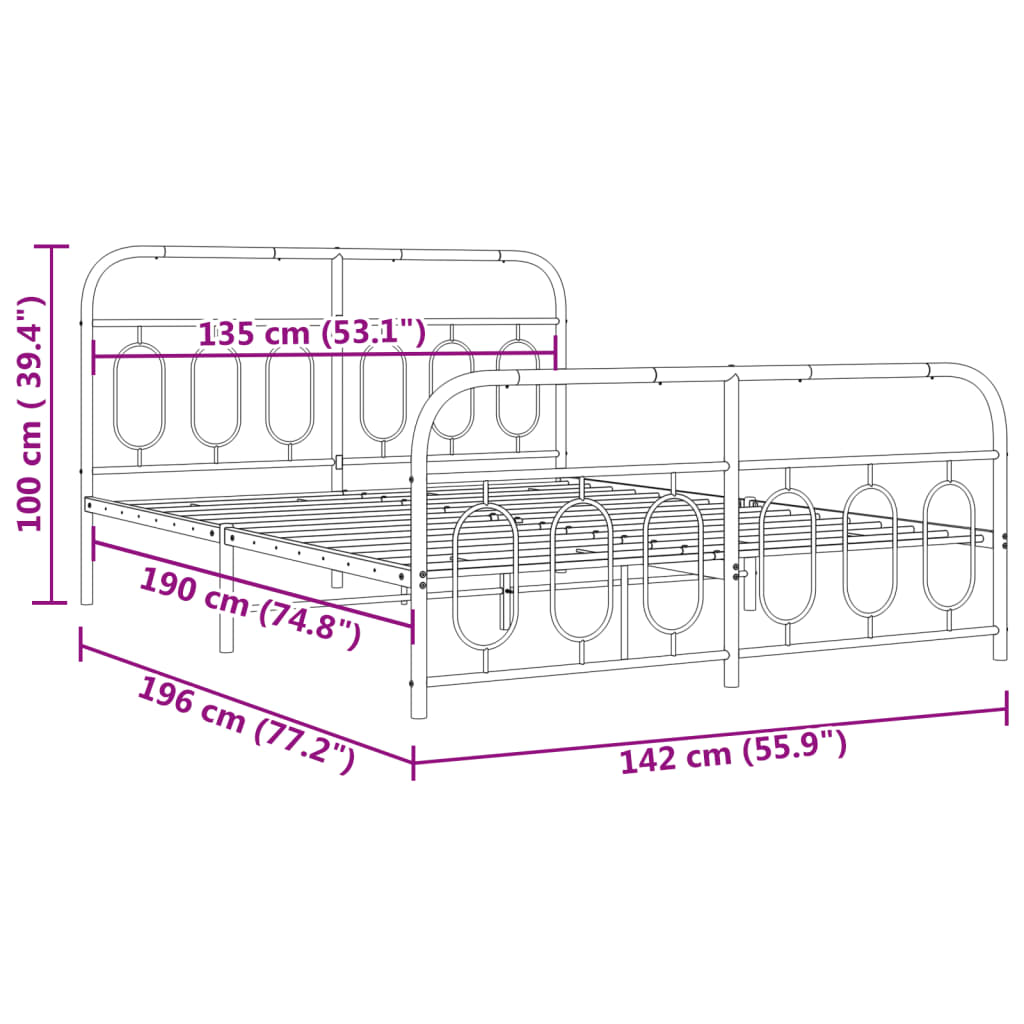 Cadre de lit métal sans matelas et pied de lit blanc 135x190 cm