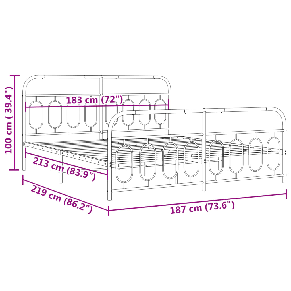 Cadre de lit métal sans matelas et pied de lit blanc 183x213 cm