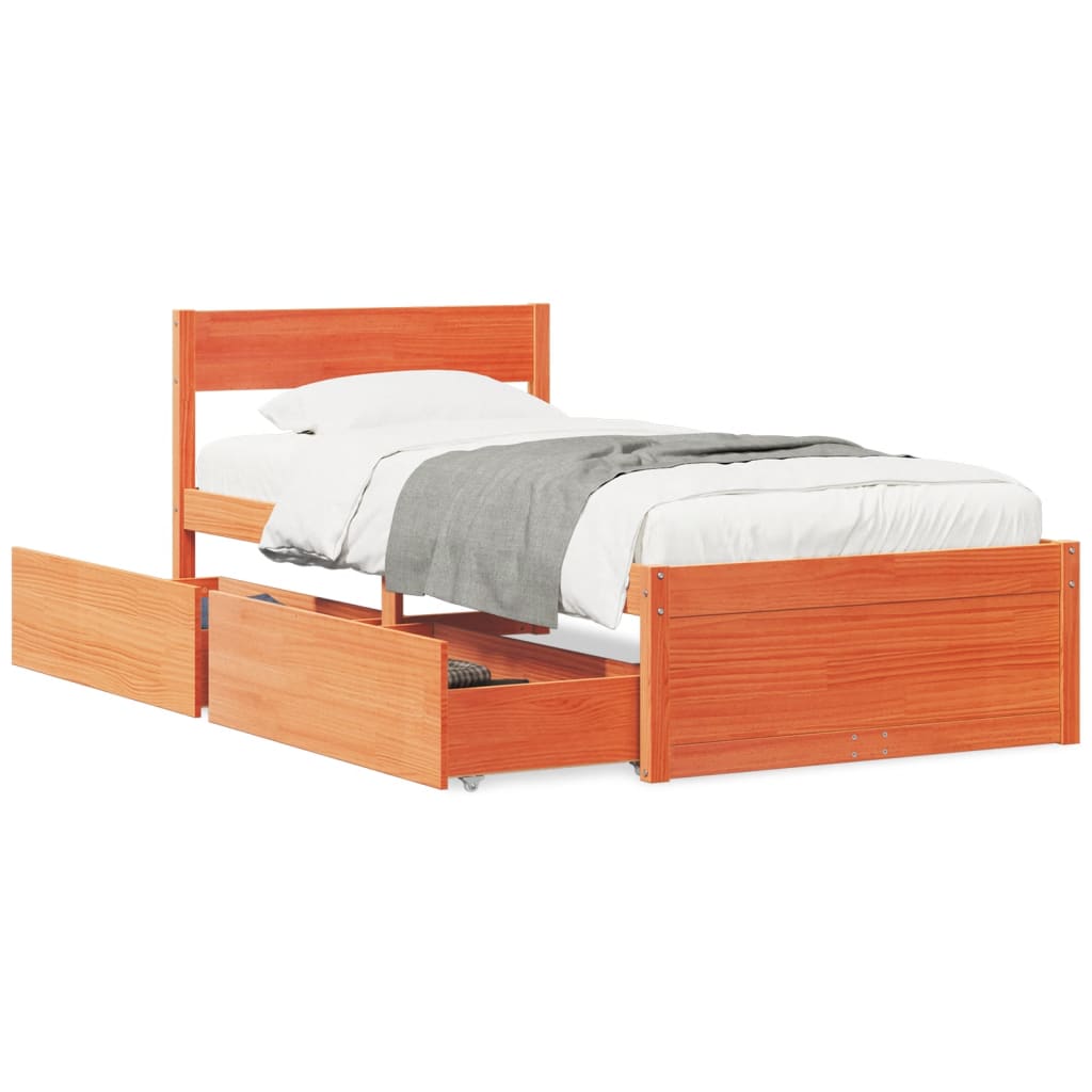 Bed frame without mattress brown wax 100x200cm solid pine wood