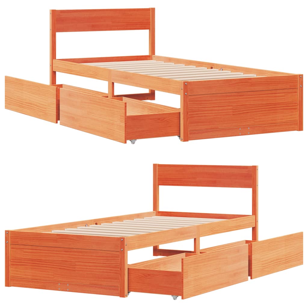 Bed frame without mattress brown wax 100x200cm solid pine wood