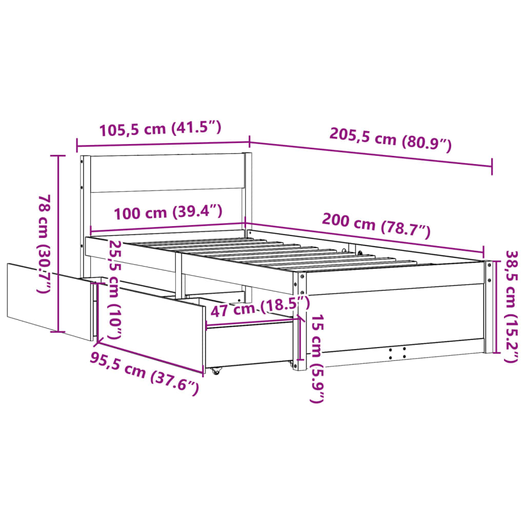 Cadre de lit sans matelas cire marron 100x200cm bois pin massif