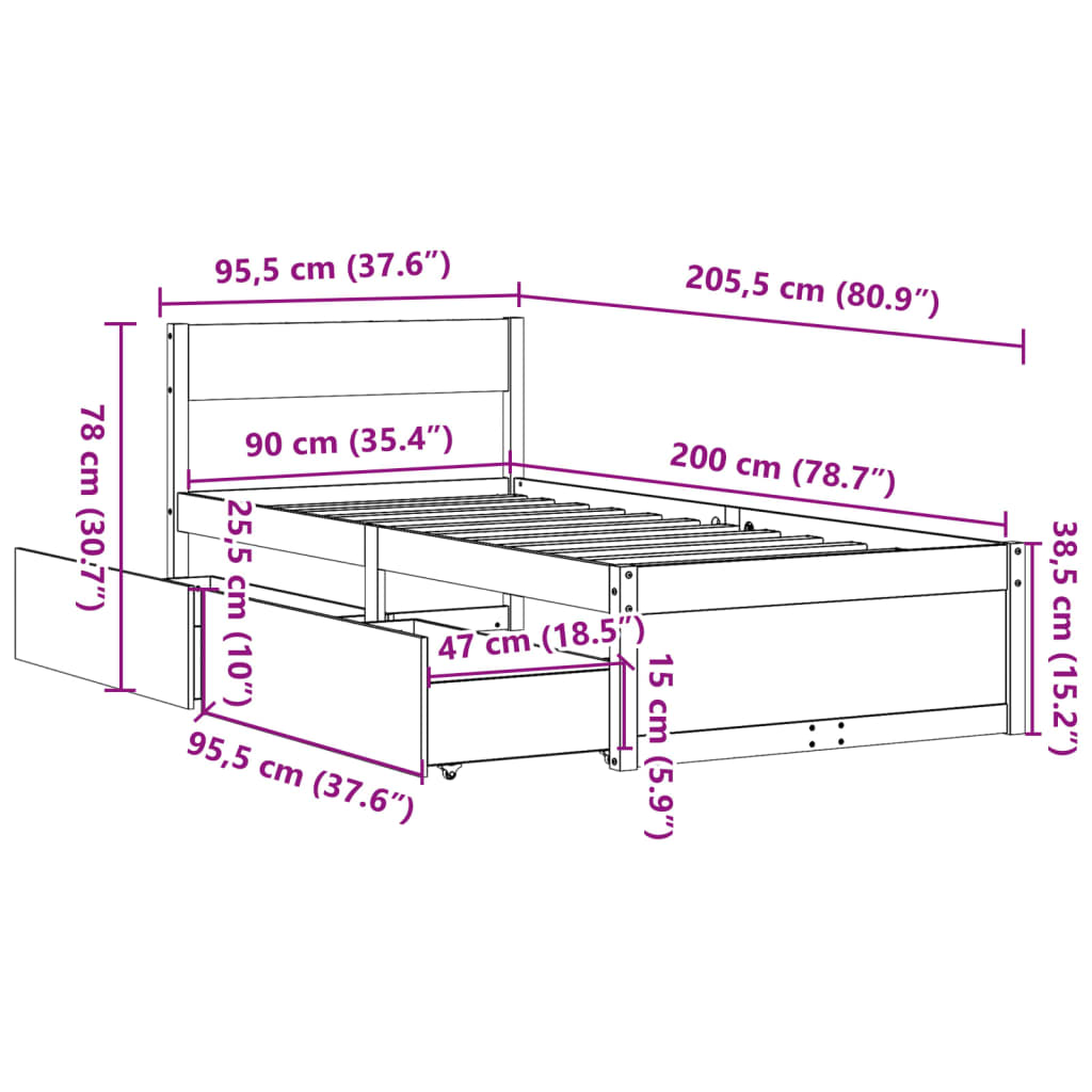 Bettgestell ohne weiße Matratze 90x200 cm aus massivem Kiefernholz