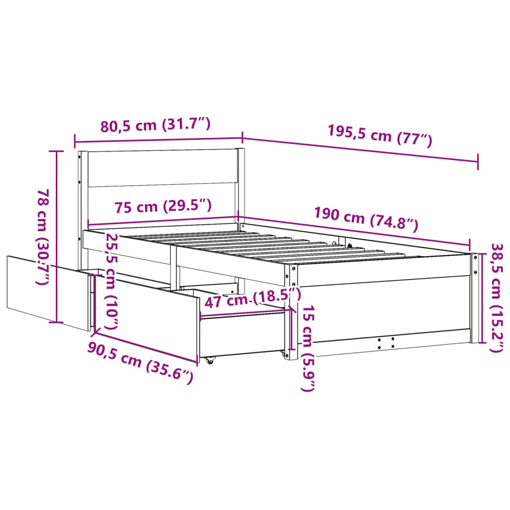 Bed frame without white mattress 75x190 cm solid pine wood