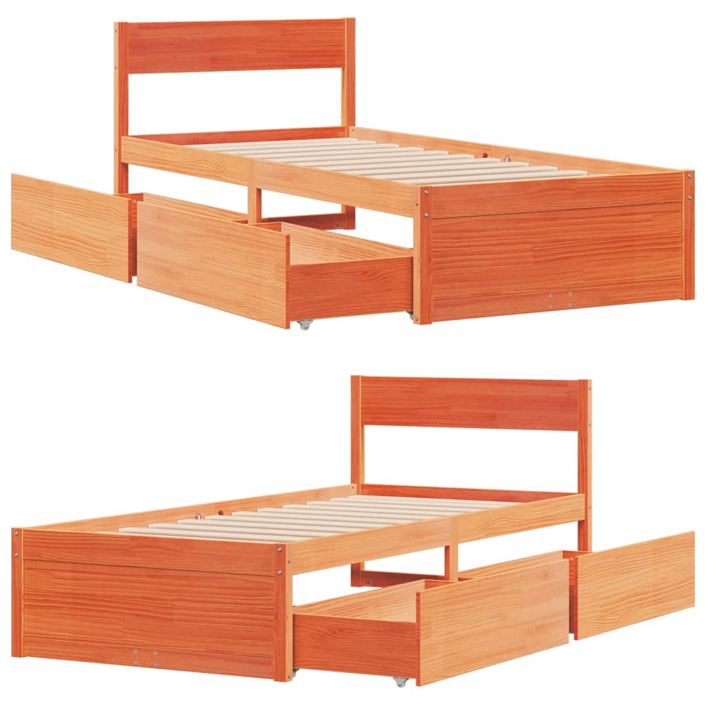 Bed frame without mattress brown wax 75x190 cm solid pine wood