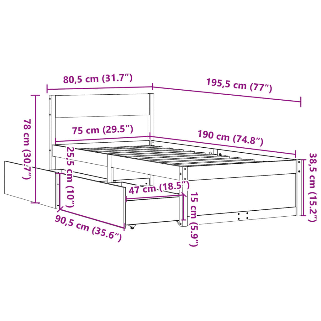 Bettgestell ohne Matratze, braunes Wachs, 75 x 190 cm, massives Kiefernholz