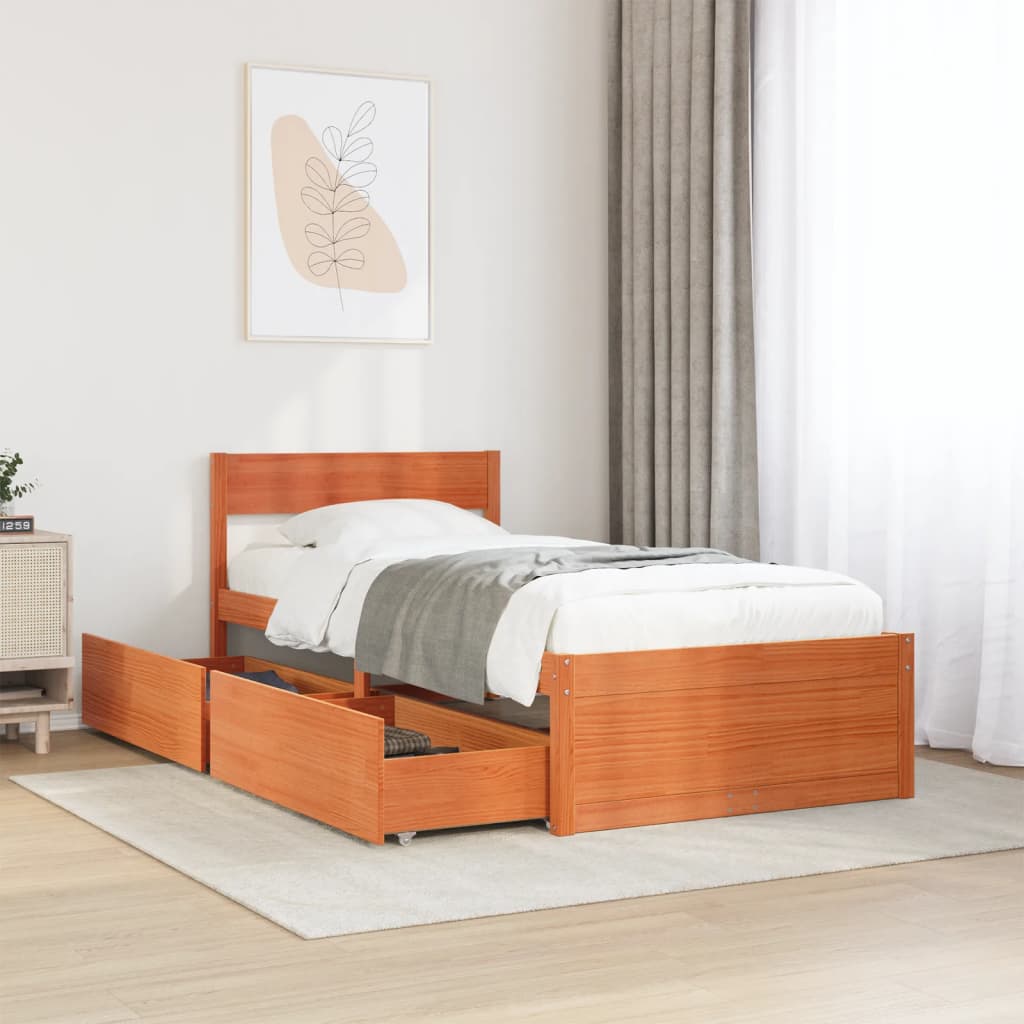 Bed frame without mattress brown wax 75x190 cm solid pine wood