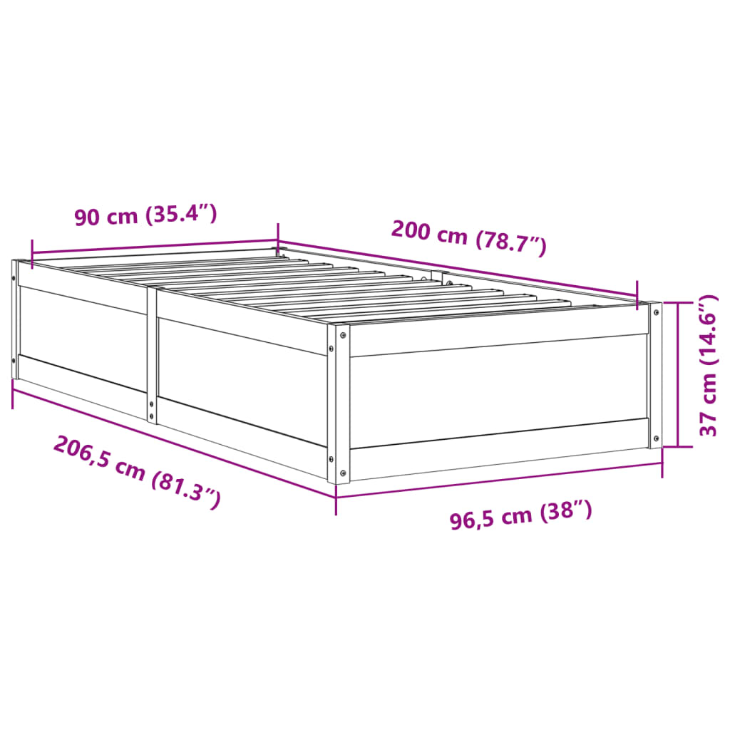 Bettgestell ohne weiße Matratze 90x200 cm aus massivem Kiefernholz