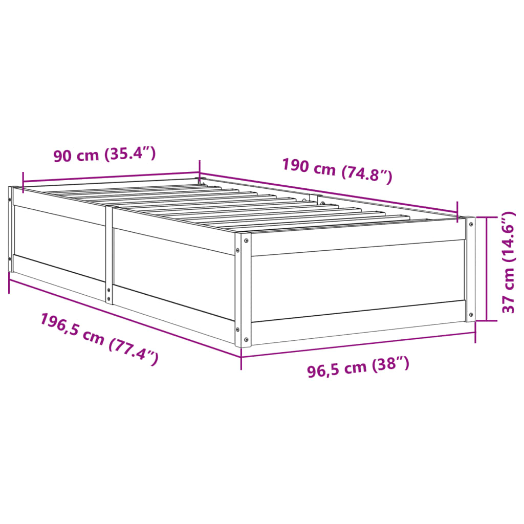 Bettgestell ohne Matratze 90x190 cm aus massivem Kiefernholz