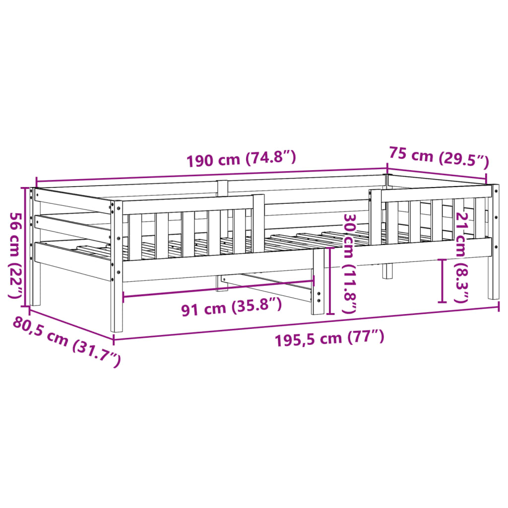 Bettgestell ohne Matratze 75x190 cm aus massivem Kiefernholz