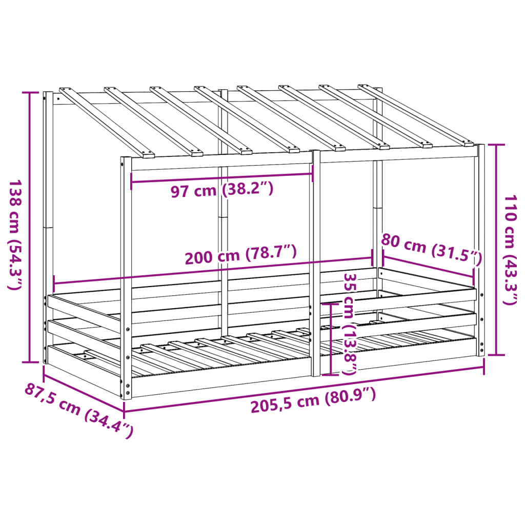 Kinderbett ohne Matratze 80x200 cm aus massivem Kiefernholz