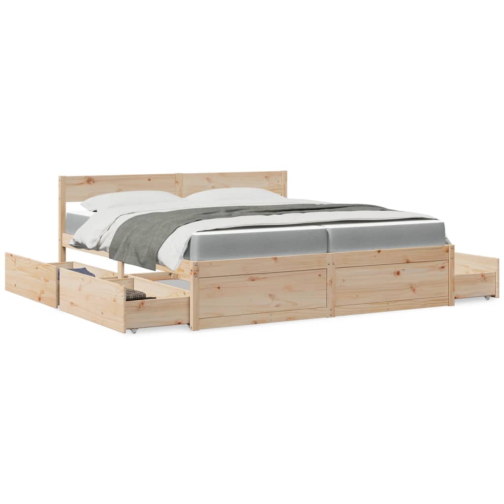 Lit avec tiroirs et matelas 200x200 cm bois massif de pin