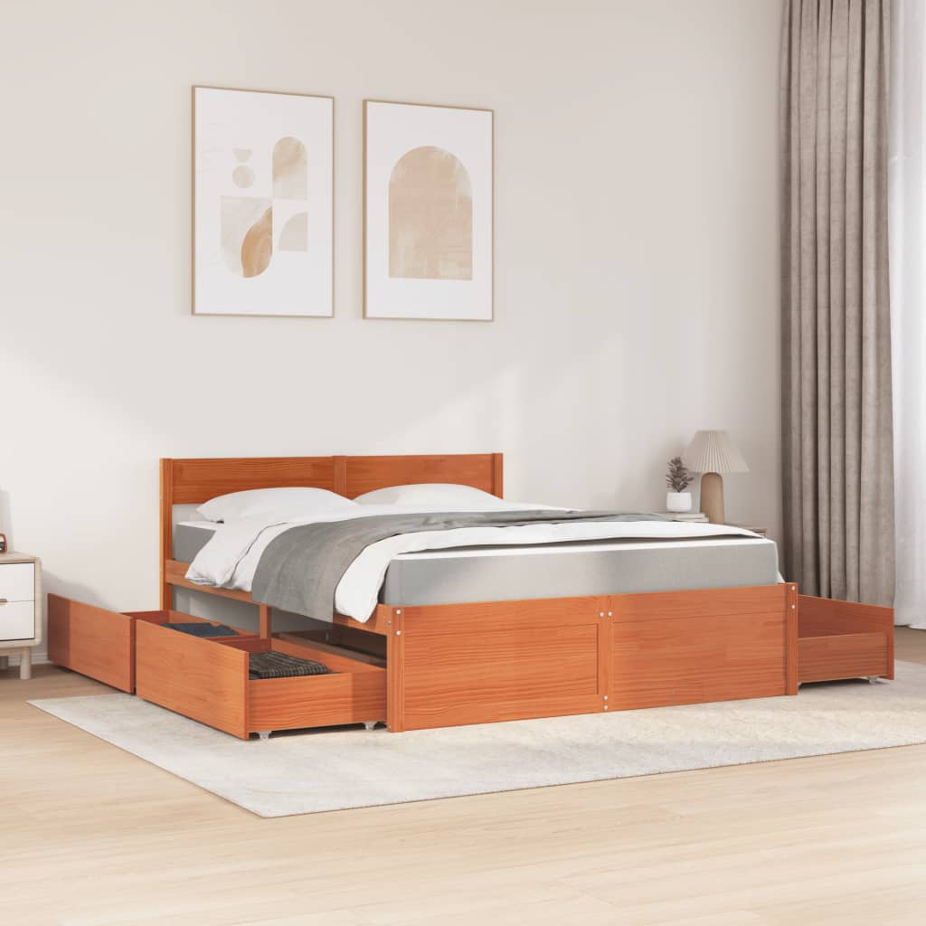 Lit avec tiroirs/matelas cire marron 160x200 cm bois massif pin