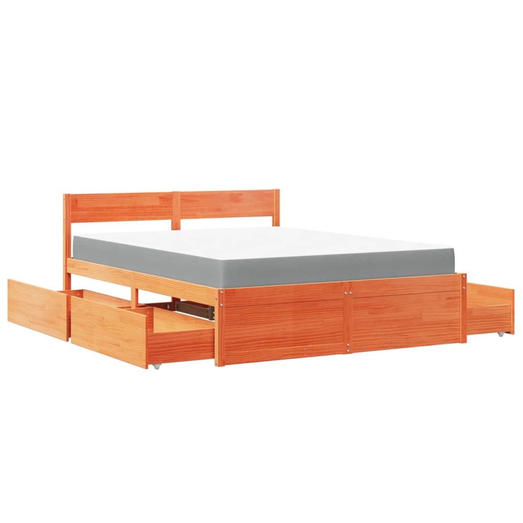 Lit avec tiroirs/matelas cire marron 160x200 cm bois massif pin