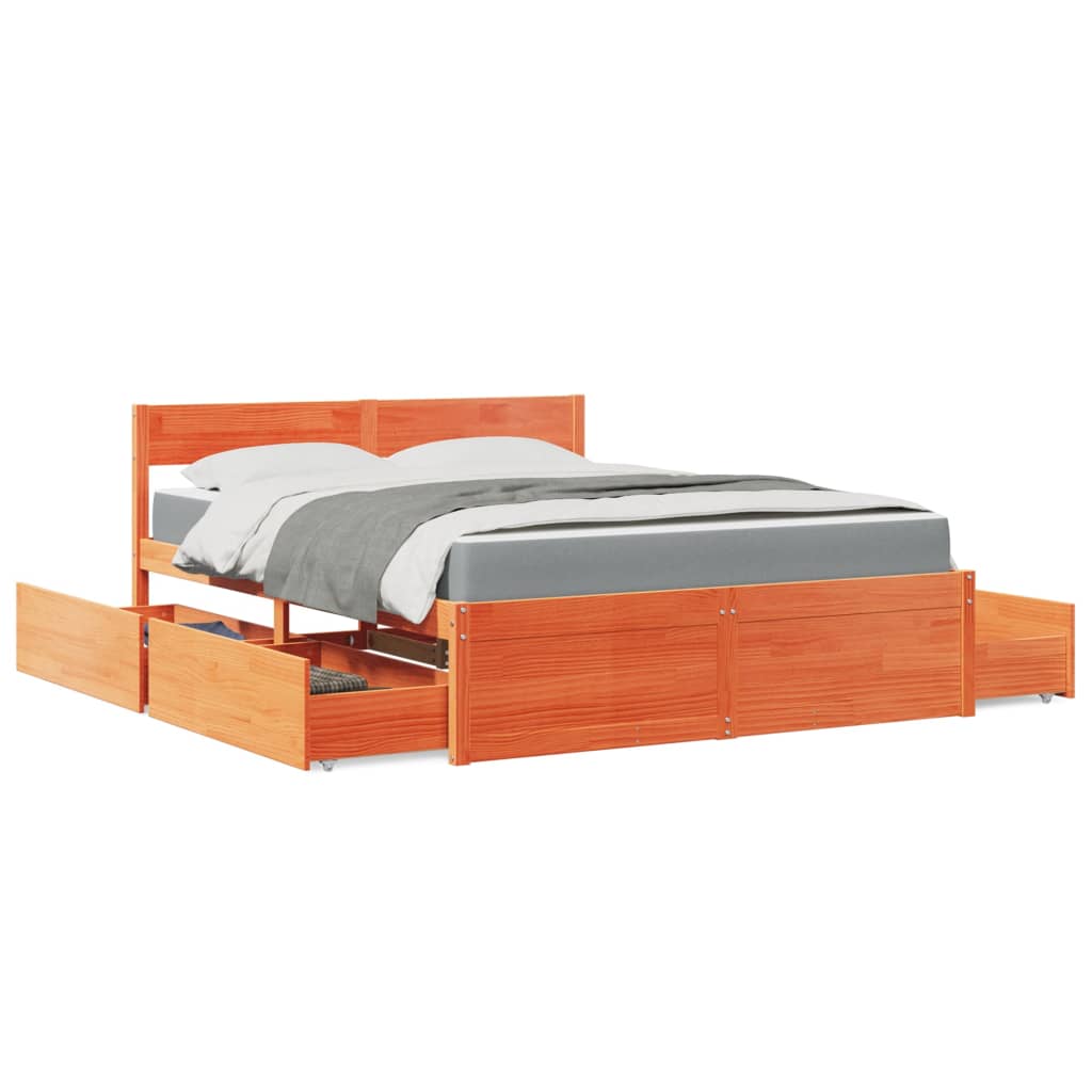 Lit avec tiroirs/matelas cire marron 160x200 cm bois massif pin