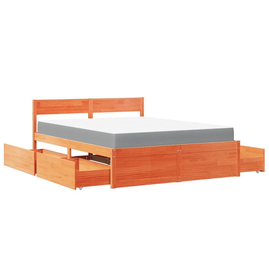 Lit avec tiroirs/matelas cire marron 140x200 cm bois massif pin