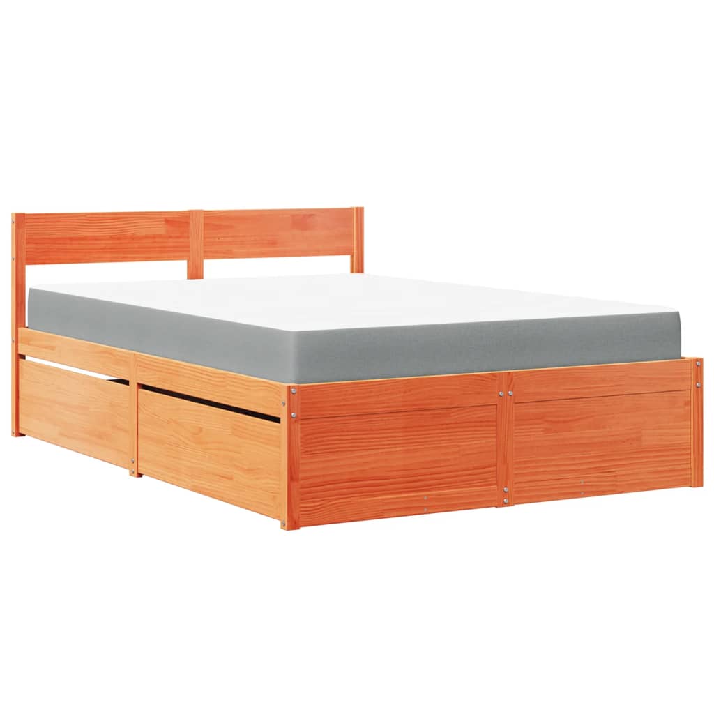 Lit avec tiroirs/matelas cire marron 120x200 cm bois massif pin