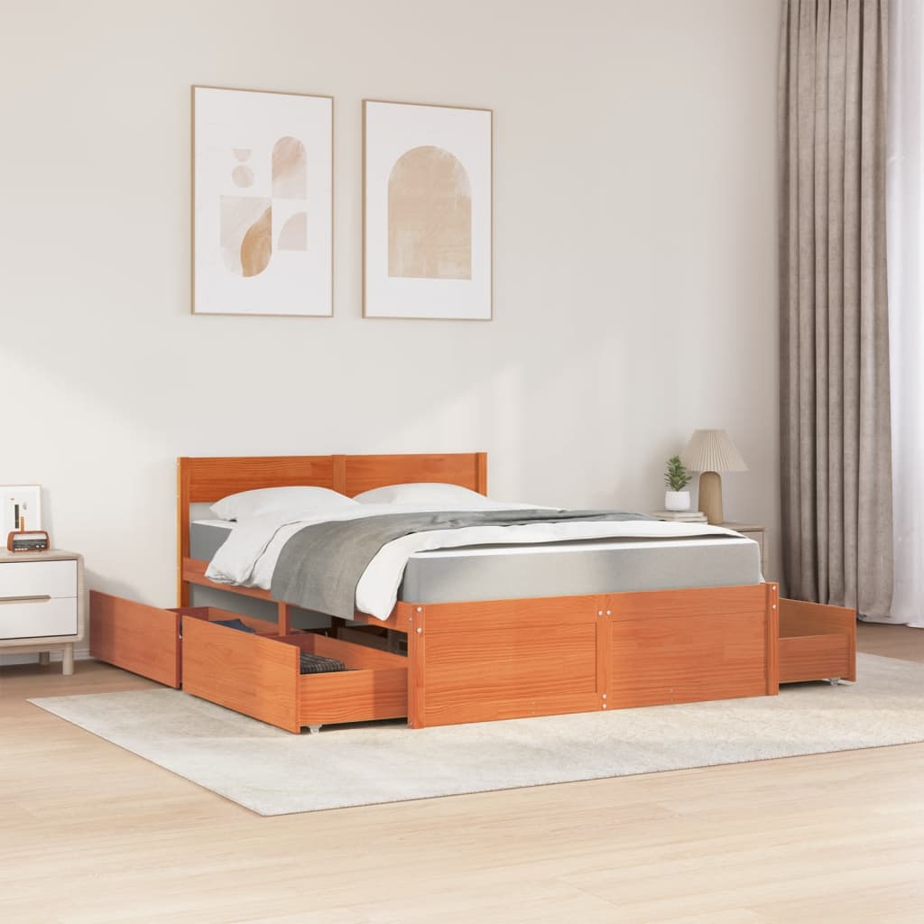 Lit avec tiroirs/matelas cire marron 120x200 cm bois massif pin