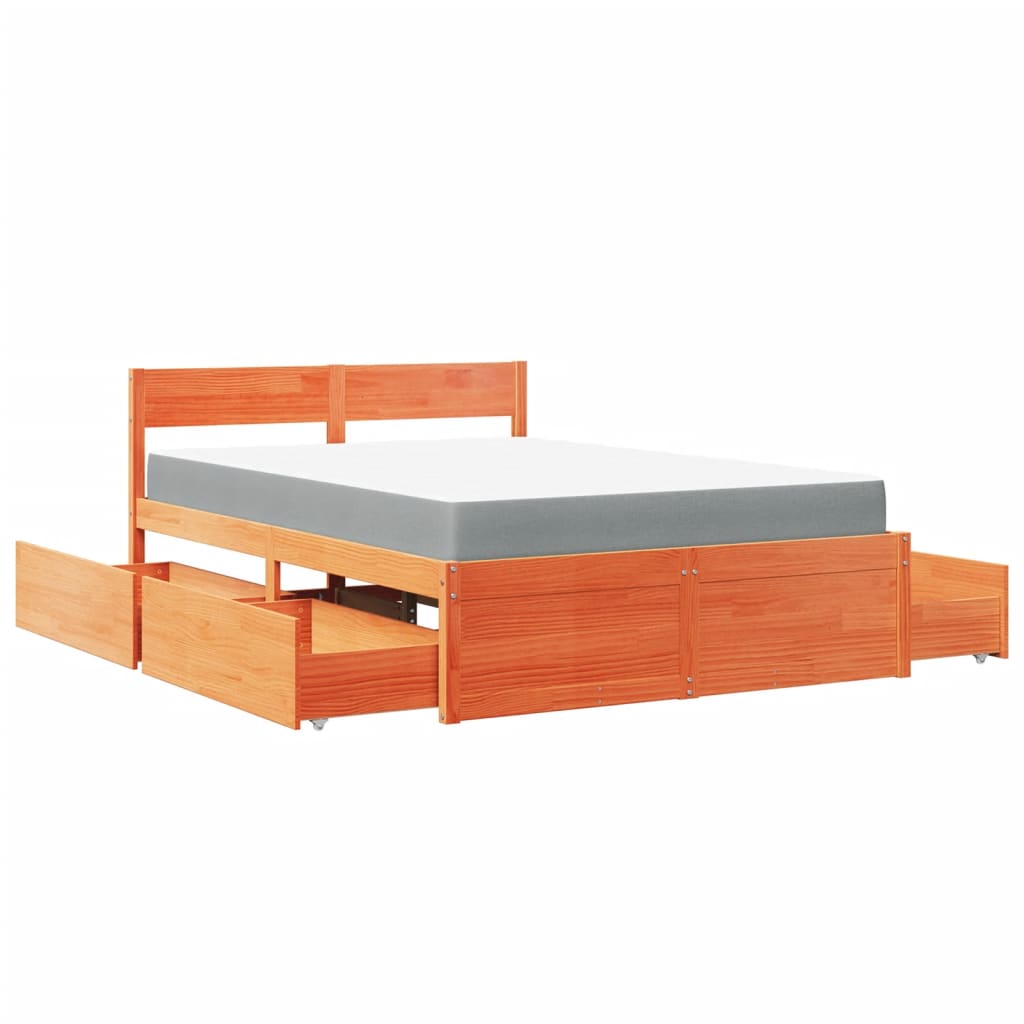 Lit avec tiroirs/matelas cire marron 120x200 cm bois massif pin