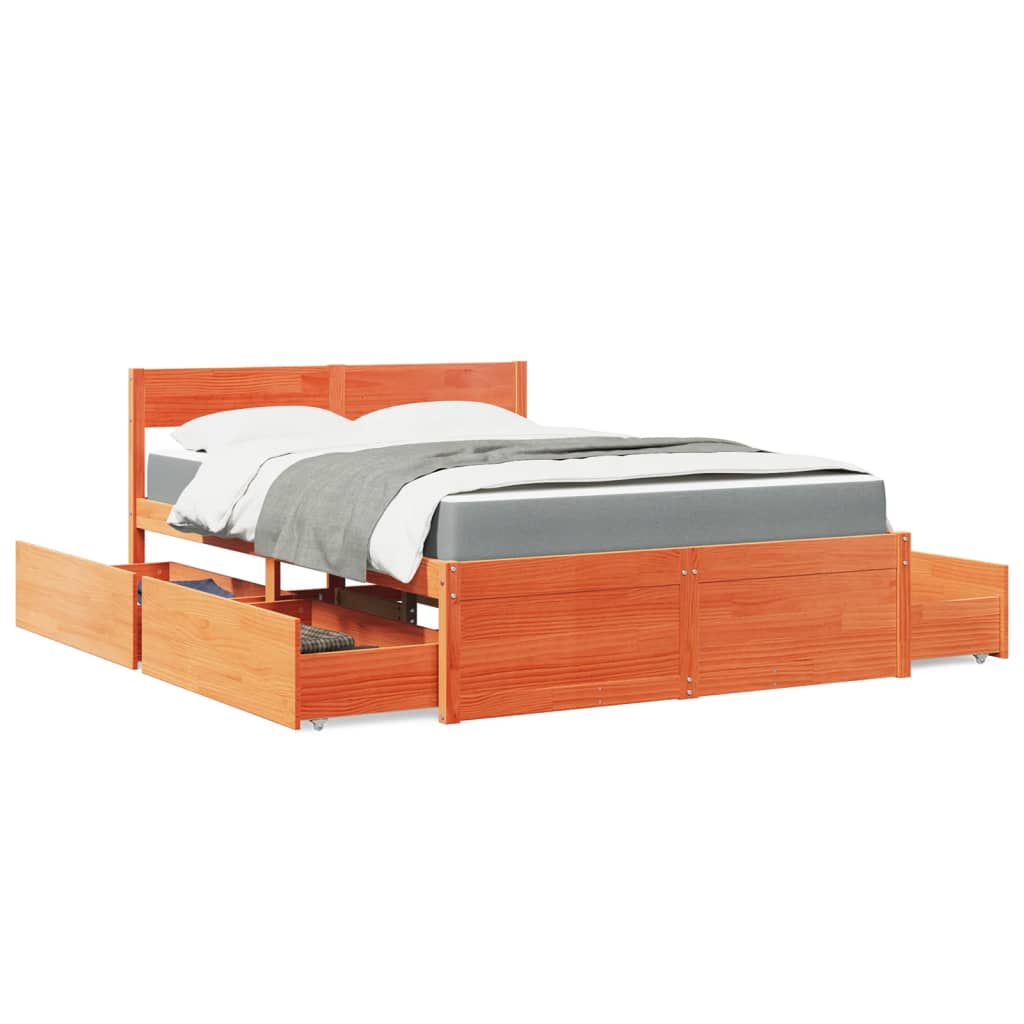 Lit avec tiroirs/matelas cire marron 120x200 cm bois massif pin