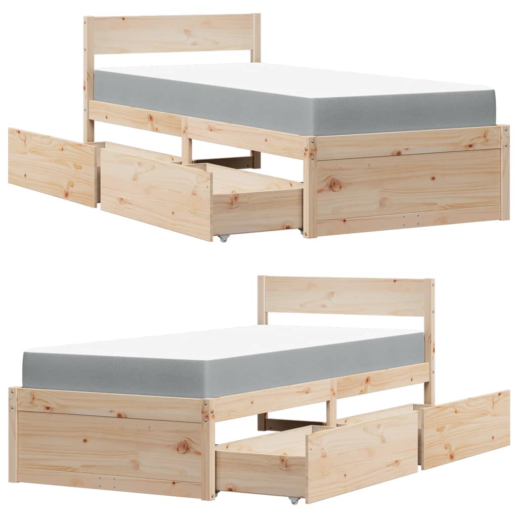 Lit avec tiroirs et matelas 100x200 cm bois massif de pin