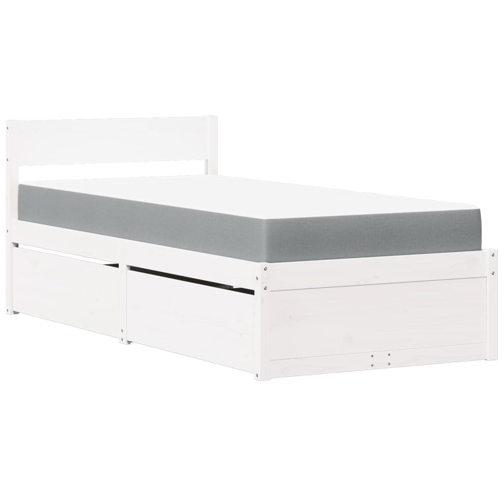 Lit avec tiroirs et matelas blanc 100x200 cm bois massif de pin